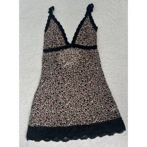 Vintage Womens Leopard Print Slip Dress Lace Trim V-Neck Chemise Nightie Size L